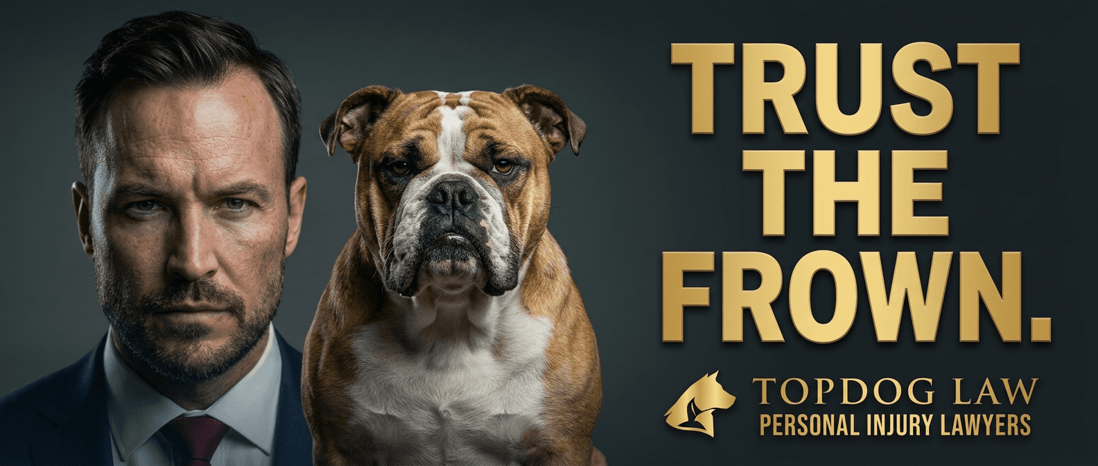 Top Dog Law billboard reimagined by Ad Legends - Trust the Frown with bulldog and attorney, cinematic lighting