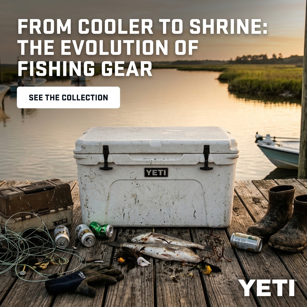 Unstaged documentary feel with high-contrast natural light. The YETI as shrine surrounded by authentic detritus of glory—empty cans, fillet knives, leader spools, muddy boots—all composed like ritual objects. Bold, simple, nose-bleed real.