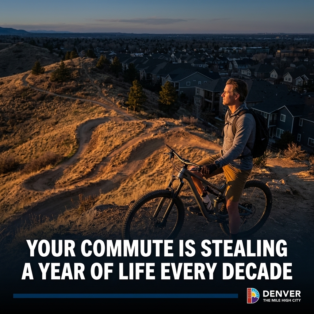 Cinematic realism captured during Denver's golden hour, with warm, low sunlight bathing mountain trails and urban rooftops. Elevated, filmic compositions contrast the soft glow of freedom against implied coastal gray commutes. Sharp details in foreground activity, rich color palette drawn from Colorado dusk tones, no text beyond subtle meme overlay.